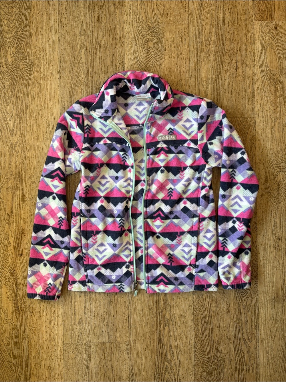 Girls' Geometric Print Fleece Jacket - Pink/White/Purple
